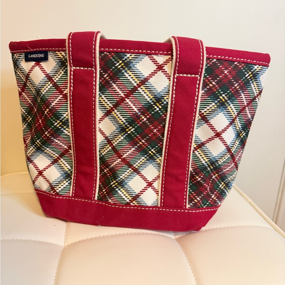 Lands' End Red Trim Plaid Canvas Tote